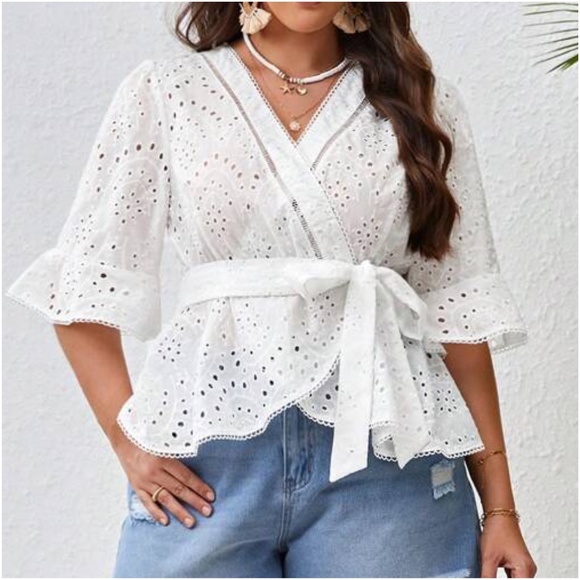 Tops - Plus White Eyelet Belted Blouse